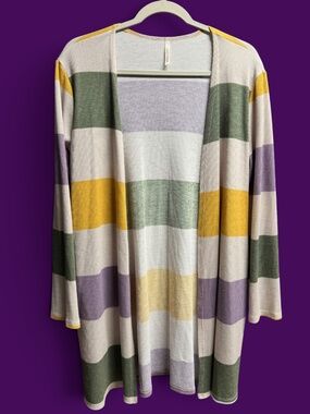 Mardi Gras Purple Green Gold Striped Cardigan Women's Medium